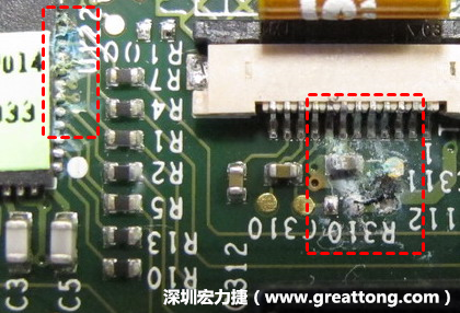 電路板疑似腐蝕氧化，懷疑電流異常過熱造成