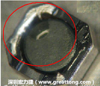 使用錫(Sn)鍍層的電源電感器(Power Inductors)，經(jīng)過推力測(cè)試后，其焊點(diǎn)還保留在零件的端點(diǎn)上，所以推力比較高。