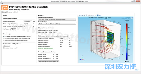 電鍍App的用戶界面。它支持PCB板設(shè)計(jì)人員上傳不同的設(shè)計(jì)，修改電鍍槽尺寸，以及加入特定尺寸的孔隙(可選)-深圳宏力捷