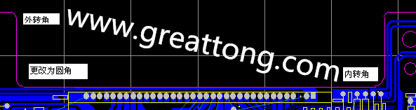 PCB設(shè)計(jì)時(shí)單面板的轉(zhuǎn)角都需為圓角，R1.0mm或R2.0mm為宜。