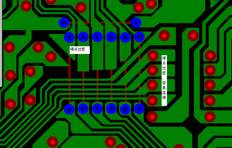 PCB設計焊點過密，易造成波峰連焊，焊點間漏電