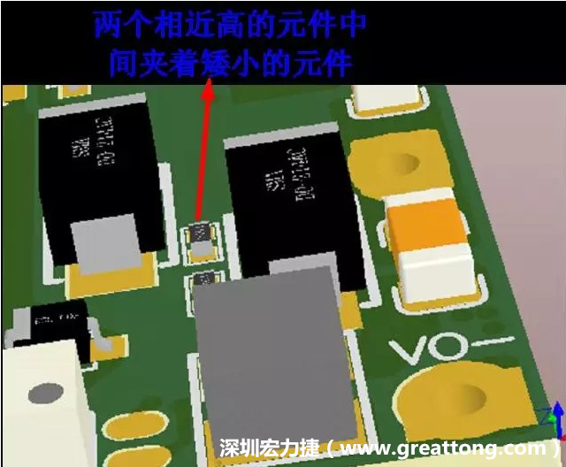 放置器件時要考慮以后的焊接和維修，兩個高度高的元件之間盡量避免放置矮小的元件