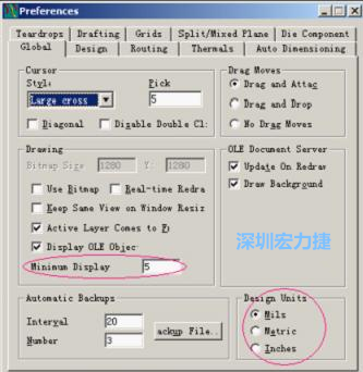 改單位Global→Design Units；改最小顯示線寬Global→Drawing