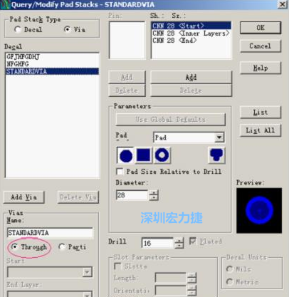 分析文件完成后，點擊菜單Setup→Pad Stacks調出焊盤堆設置窗口，將Pad Stack Type改為Via