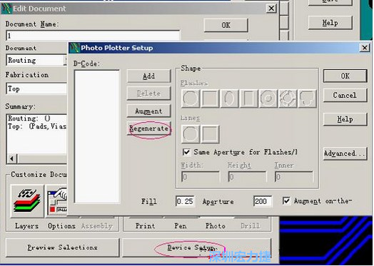 當(dāng)Gerber和鉆孔都設(shè)置完后，選擇一貼片元件較多的層（一般為Top層），點(diǎn)擊Device SetupPhoto，將 Plotter Setup窗口D-Code欄原有的D碼刪除并按Regenerate重新生成