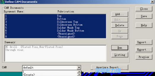 回到Dsfine CAM Documents窗口 ，將所有須輸出的文件用鼠標(biāo)拉住選擇，按Run輸出，默認(rèn)輸出路徑是安裝目錄的\CAM\default，也可按CAM的Create更改