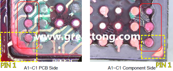 PIN-1的位置很重要，不知道Pin-1在哪里？那你怎么知道斷裂錫球在PCB的位置，如何判斷可能的應(yīng)力(Stress) 影響。一般在PCB的絲印層(白漆)上面一定會標(biāo)示零件的PIN-1位置，有的未打一個(gè)圓點(diǎn)，有的會畫三角形，但這張照片在PCB的PIN-1被紅墨水遮住了，如果可以的話建議那一塊沒有紅墨水的板子對照一下。