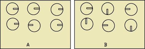 所有徑向電容的負(fù)極朝向一邊可很容易發(fā)現(xiàn)錯(cuò)誤(A)，反之則較為困難(B)