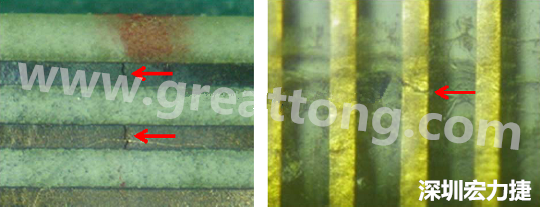 一旦找到確切的銅箔線路斷裂位置，如果還是無法觀察到斷裂的現(xiàn)象，就試著在顯微鏡下彎曲該位置的軟板，這樣就可以突顯并放大斷裂銅箔的開口了。 