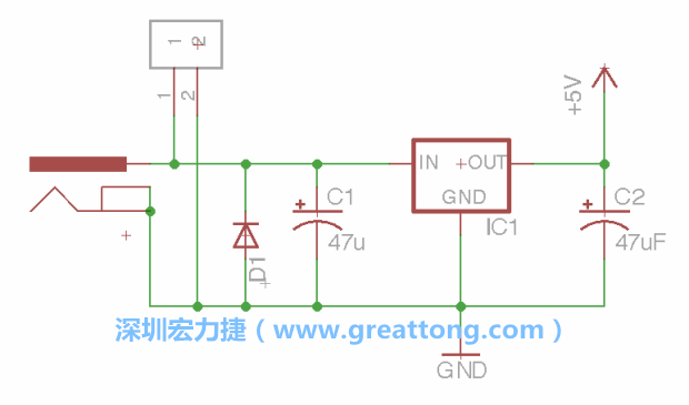 2.5.    新增一個二極體，它會以水平的狀態(tài)出現(xiàn)在屏幕上，請使用「旋轉(zhuǎn)（Rotate）」工具把它負極那一面朝上，并且用「網(wǎng)絡(luò)連接」工具將它連接在電壓調(diào)整器的輸入端和接地端之間。