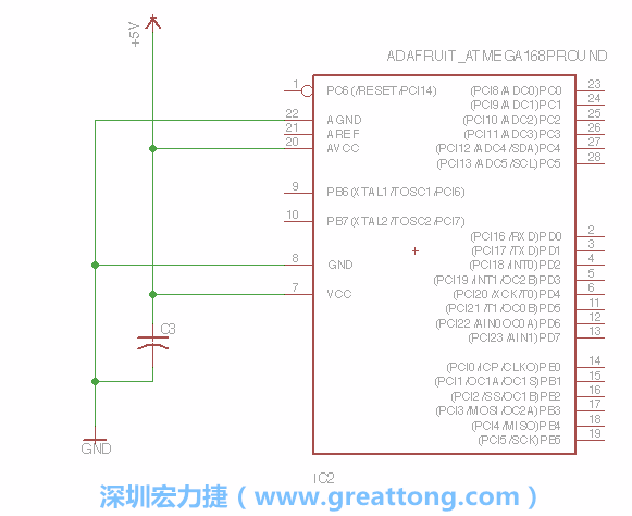 3.1.    新增微控制器晶片（RBBB → ATmega），把它放在電路原理圖的中央附近，把它的兩個接地接頭連接到接地訊號端。