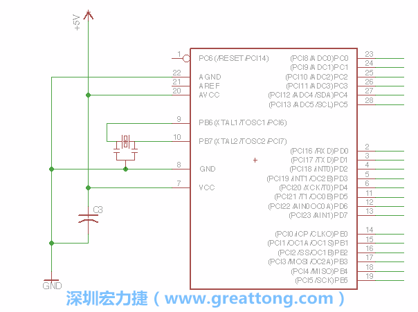 3.2.    在靠近ATmega的電源供應針腳7的位置放置一個0.1μF的電容，將它分別連接電源、接地端和針腳7。