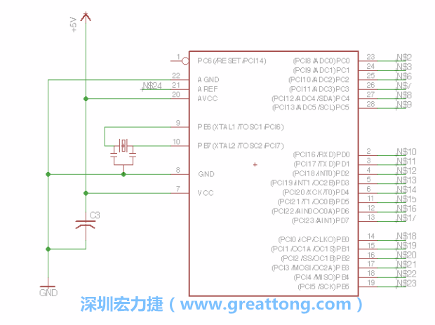 3.3.    將共鳴器（resonator）放置在針腳9和針腳10附近，將它的三個針腳連接如圖所示，并確認最中間的針腳有連到接地端。