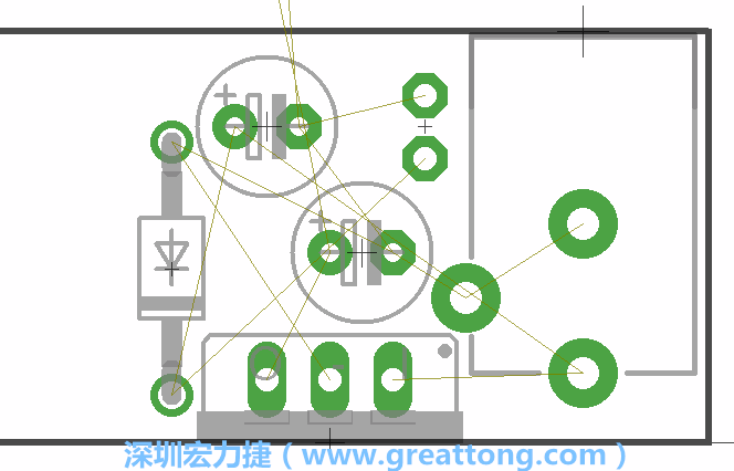 如同第一篇的步驟，我們將從電源迴路開始著手，移動電源插座（Power Jack）、電壓調(diào)整器、二極體、兩個電容和輔助接頭JP1到如上圖所示的位置。