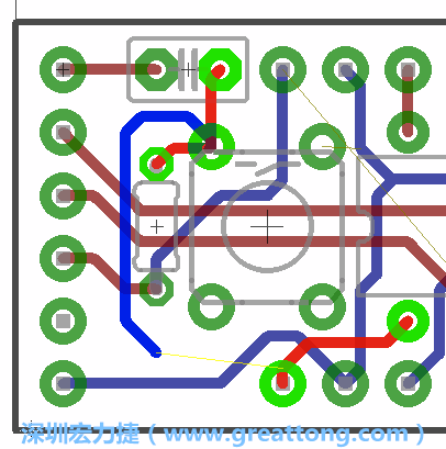 要在電路板正面進行+5V信號線連結(jié)和其他連結(jié)點的布線工作是非常容易的，而重置信號線（信號線用來連結(jié)電路板正面左邊的重置開關(guān)）需要經(jīng)過一個可以通過電路板正反兩面的電路通道，這個通道是一個可以讓電路板正反兩面線路連接的一個小孔。