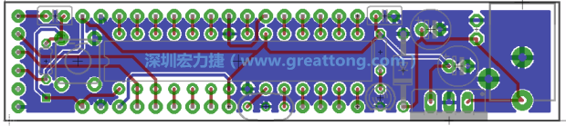 第二篇文章則帶領(lǐng)你進(jìn)行電路板上的布線、連結(jié)點(diǎn)的配置，并利用「設(shè)計(jì)規(guī)則檢查（Design Rule Check）」測(cè)試你的設(shè)計(jì)，第二篇文章的電路板設(shè)計(jì)圖將如下所示：