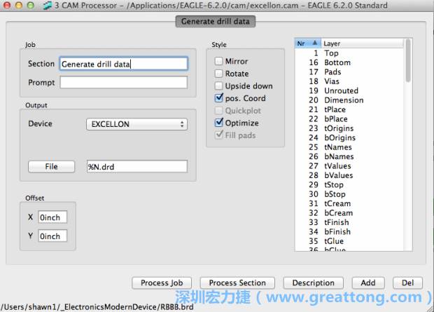 打開「excellon.cam」的工作項(xiàng)目并建立drill文件（副檔名為「.dri」和「.drd」），之后你只會(huì)用到「.drd」的文件檔；「.dri」的文件只是解釋用資料（所謂后設(shè)資料）而已。