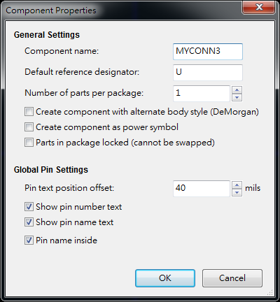 按下工具  "Create a new component"， 出現(xiàn)底下畫面， 按下OK后， 產(chǎn)生MYCONN3/U? 文字重迭在一在， 把它們分開(用mouse選擇并按下"M"， 即可移動)