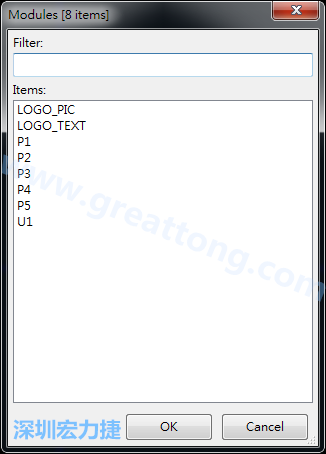 從目前正在編輯的PCB載入Module， 會(huì)顯示有那些項(xiàng)目可載入。點(diǎn)選一個(gè)， OK后即完成載入