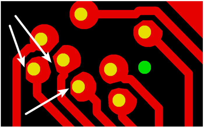按源文件文件數(shù)據(jù)計(jì)算，孔邊緣到線(xiàn)邊緣6mil，孔環(huán)4mil，環(huán)到線(xiàn)只有2mil，保證環(huán)到線(xiàn)之間有3mil的安全間距需削1mil焊環(huán)，削后焊盤(pán)只有3mil