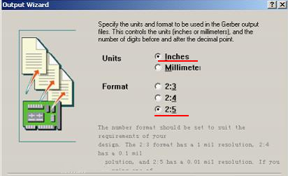 在上圖中選擇“Inches 2：5”，以確保資料精度，反之線(xiàn)寬、線(xiàn)距或孔有偏移現(xiàn)象