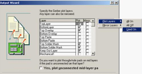 按“Next”，點(diǎn)擊“Menu”將Plot Layers置為Used On，Mirror Layers置為All Off后按“Next”