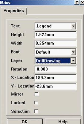 7. 放置分孔圖，按“P、S”在圖形的右下角放置一字符串，并雙擊打開(kāi)，將Text改為。Legend；Layer改為DrillDrawing即可
