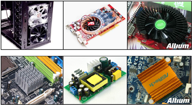承載大電流的電路中功耗損失所產(chǎn)生的熱量應(yīng)梳離發(fā)熱器件以對(duì)抗溫升。大家都可能熟悉電腦處理器上使用的風(fēng)扇和散熱片。